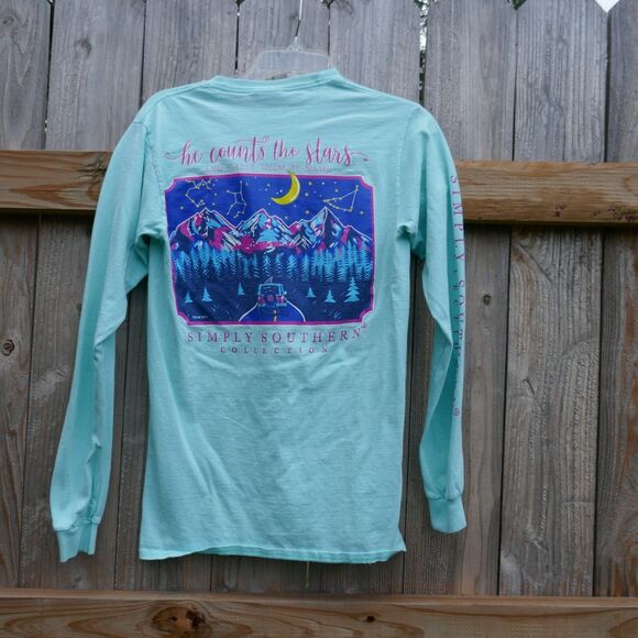 Simply Southern T-Shirt Long Sleeve Size Small Mint Green He Counts the Stars - Picture 1 of 7